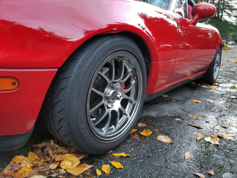Low. Unfortunately, without an alignment I can’t utilize the extremely long shock travel without tearing my fenders up. So for now compression and rebound are set super stiff so I don’t do any more damage. Once I have it aligned, I should be able to use the full range of travel, which means I’ll finally be able to see why these have been considered the holy grail of Miata suspension for so many years. Cannot wait.